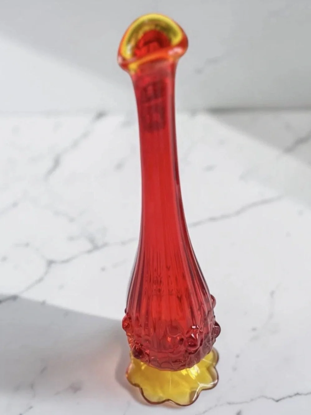 Vintage Mid Century Amberina Swung Glass Vase MCM Orange Floral